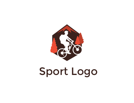 hexagonal mountain biking logo with fir trees