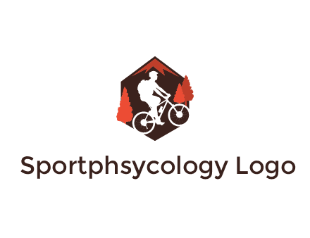 hexagonal mountain biking logo with fir trees