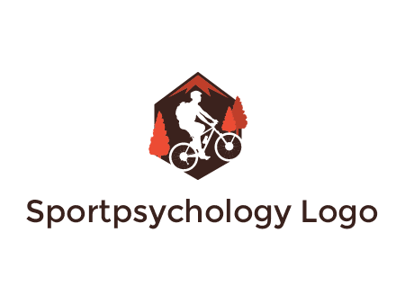 hexagonal mountain biking logo with fir trees