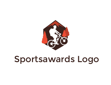 hexagonal mountain biking logo with fir trees