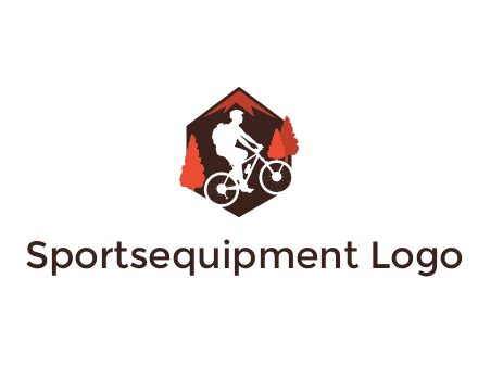 hexagonal mountain biking logo with fir trees