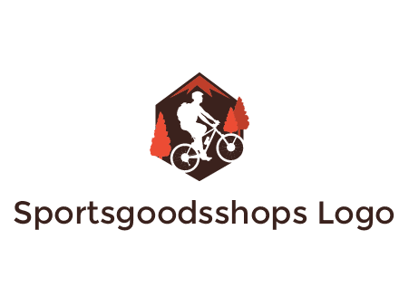 hexagonal mountain biking logo with fir trees