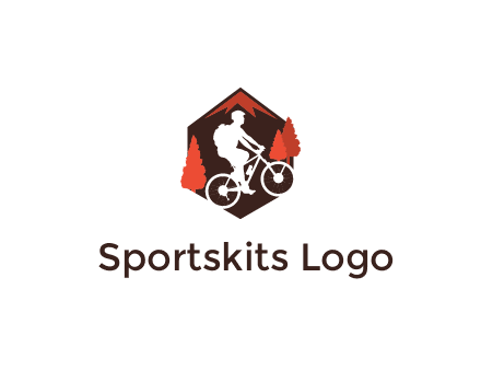hexagonal mountain biking logo with fir trees