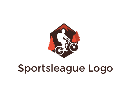 hexagonal mountain biking logo with fir trees