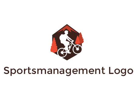 hexagonal mountain biking logo with fir trees