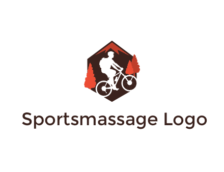 hexagonal mountain biking logo with fir trees