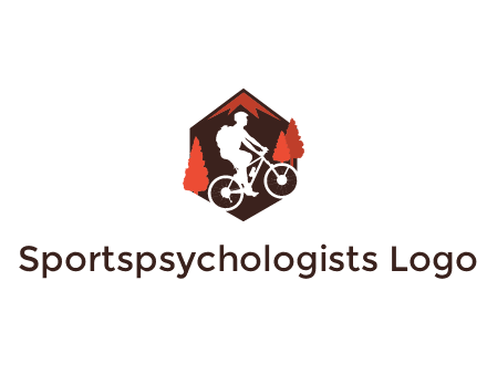 hexagonal mountain biking logo with fir trees