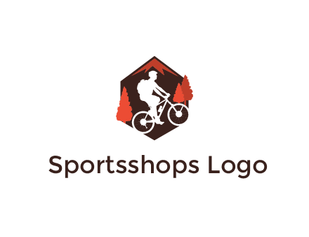 hexagonal mountain biking logo with fir trees