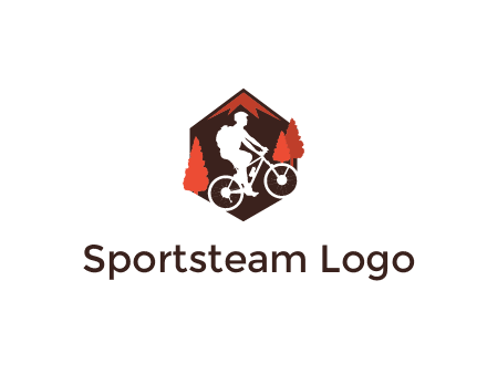 hexagonal mountain biking logo with fir trees