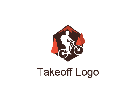hexagonal mountain biking logo with fir trees