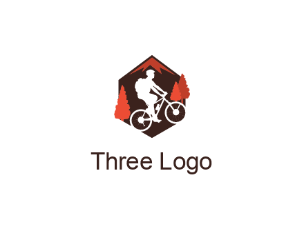 hexagonal mountain biking logo with fir trees