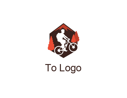 hexagonal mountain biking logo with fir trees