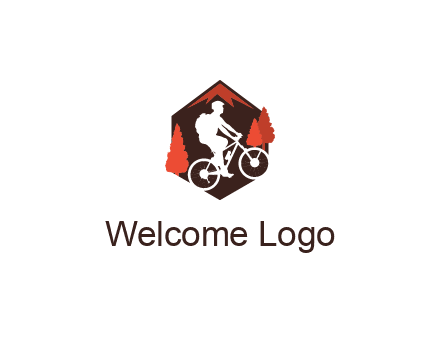 hexagonal mountain biking logo with fir trees