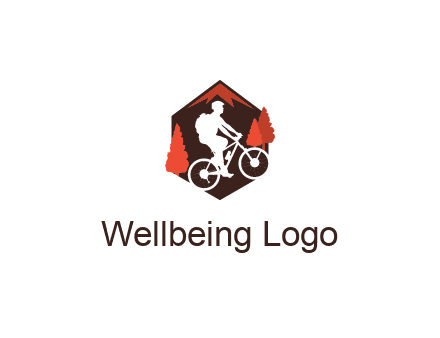 hexagonal mountain biking logo with fir trees