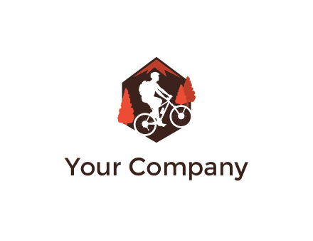 hexagonal mountain biking logo with fir trees