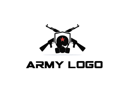army logo with crossed guns behind a soldier wearing a gas mask