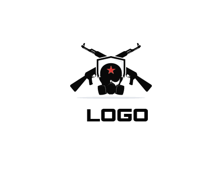 army logo with crossed guns behind a soldier wearing a gas mask