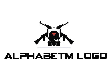 army logo with crossed guns behind a soldier wearing a gas mask