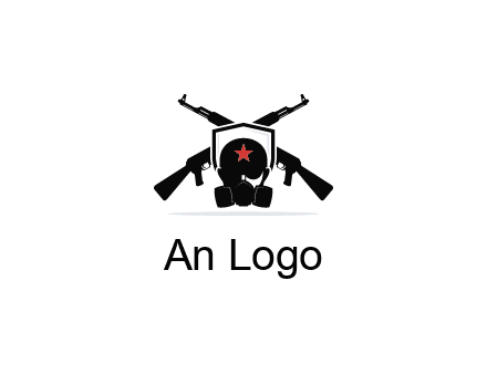 army logo with crossed guns behind a soldier wearing a gas mask