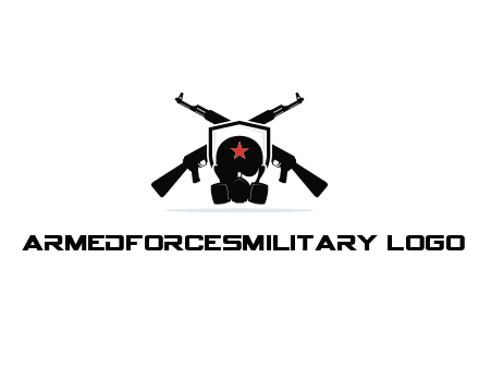 army logo with crossed guns behind a soldier wearing a gas mask