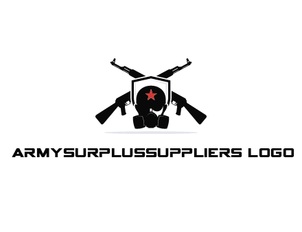 army logo with crossed guns behind a soldier wearing a gas mask