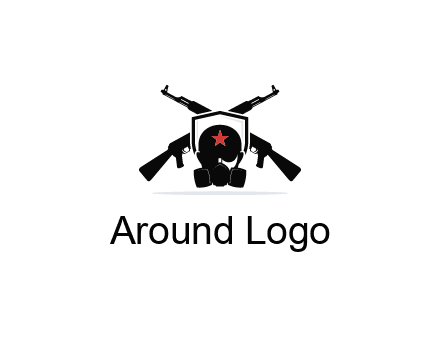 army logo with crossed guns behind a soldier wearing a gas mask