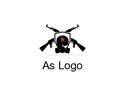 army logo with crossed guns behind a soldier wearing a gas mask
