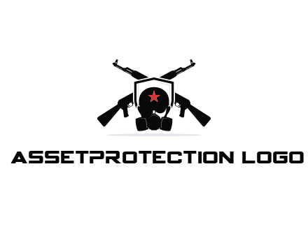 army logo with crossed guns behind a soldier wearing a gas mask