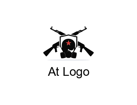 army logo with crossed guns behind a soldier wearing a gas mask
