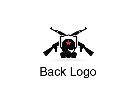army logo with crossed guns behind a soldier wearing a gas mask