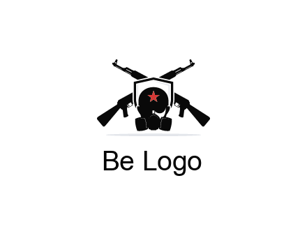 army logo with crossed guns behind a soldier wearing a gas mask