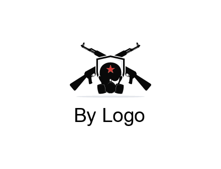 army logo with crossed guns behind a soldier wearing a gas mask