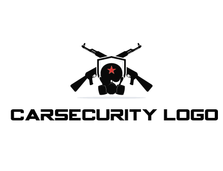 army logo with crossed guns behind a soldier wearing a gas mask