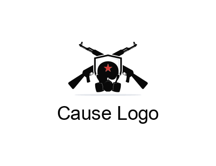 army logo with crossed guns behind a soldier wearing a gas mask