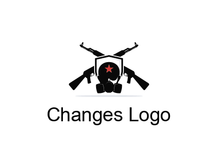 army logo with crossed guns behind a soldier wearing a gas mask