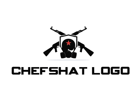 army logo with crossed guns behind a soldier wearing a gas mask