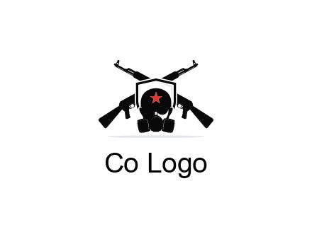 army logo with crossed guns behind a soldier wearing a gas mask