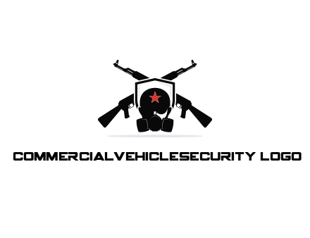 army logo with crossed guns behind a soldier wearing a gas mask