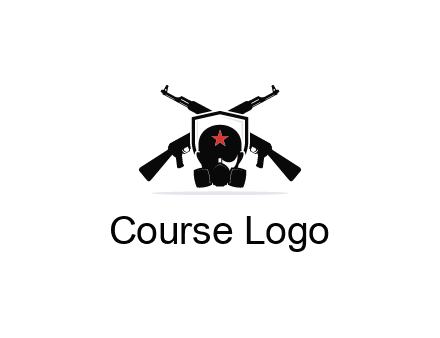 army logo with crossed guns behind a soldier wearing a gas mask