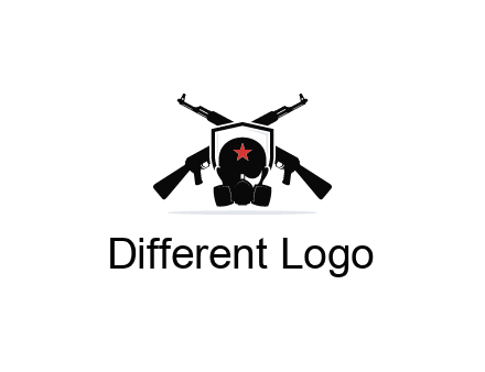 army logo with crossed guns behind a soldier wearing a gas mask