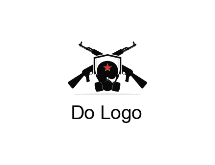 army logo with crossed guns behind a soldier wearing a gas mask