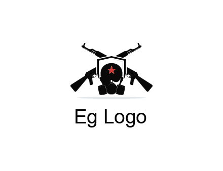army logo with crossed guns behind a soldier wearing a gas mask