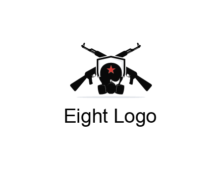 army logo with crossed guns behind a soldier wearing a gas mask