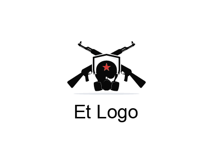 army logo with crossed guns behind a soldier wearing a gas mask