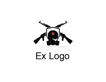 army logo with crossed guns behind a soldier wearing a gas mask