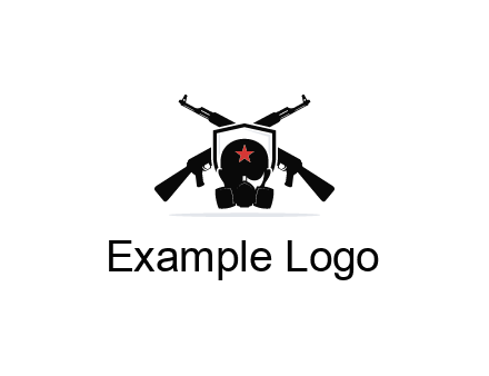 army logo with crossed guns behind a soldier wearing a gas mask