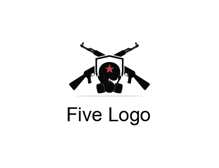 army logo with crossed guns behind a soldier wearing a gas mask