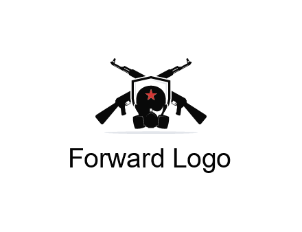 army logo with crossed guns behind a soldier wearing a gas mask