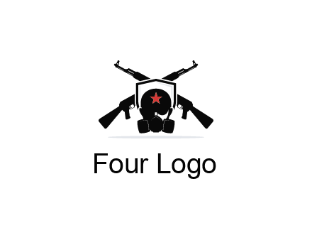 army logo with crossed guns behind a soldier wearing a gas mask