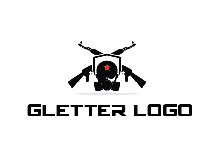 army logo with crossed guns behind a soldier wearing a gas mask